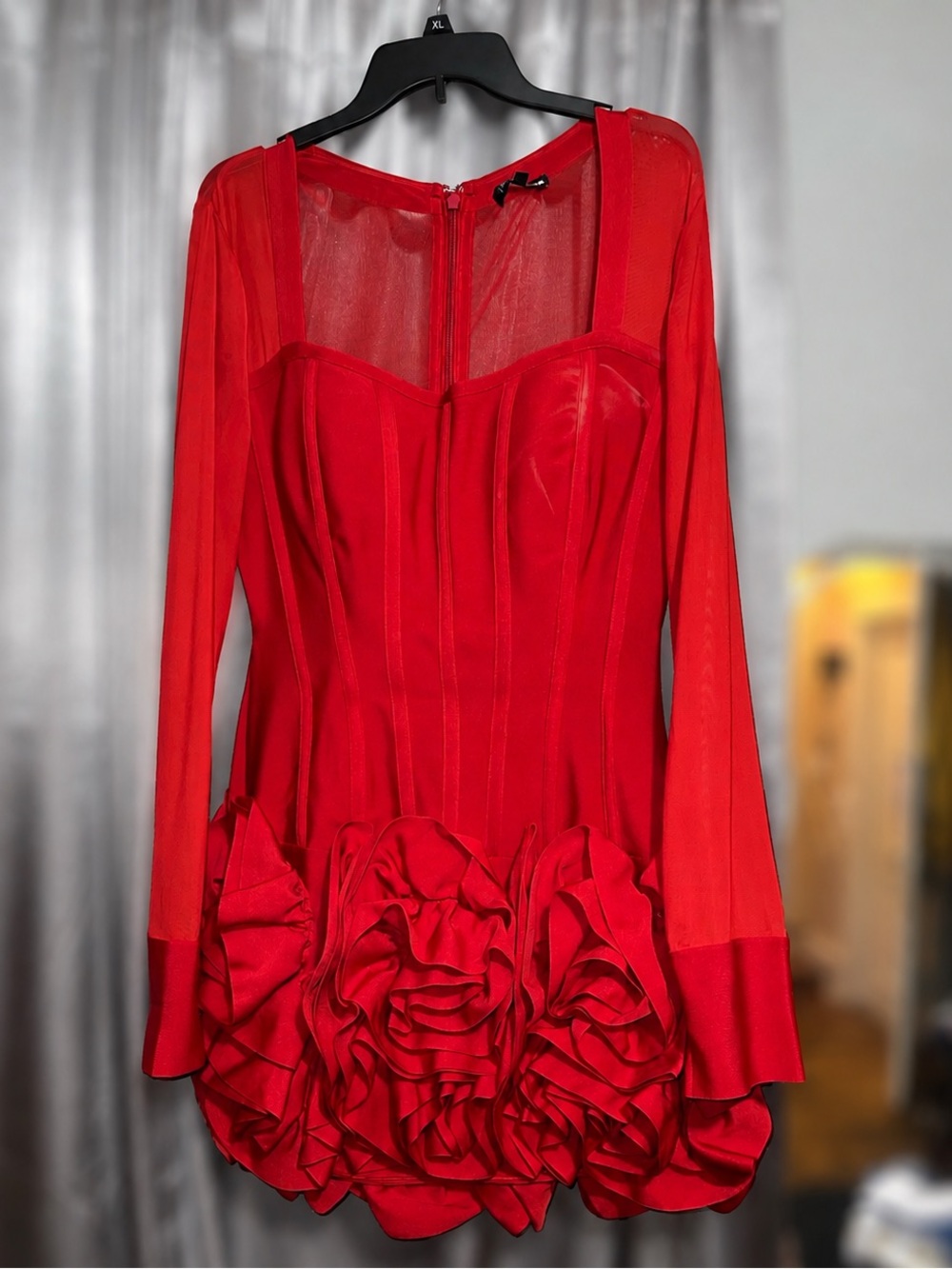 Fashion Nova Red Long-Sleeve Ruffle Hem Mini Dress